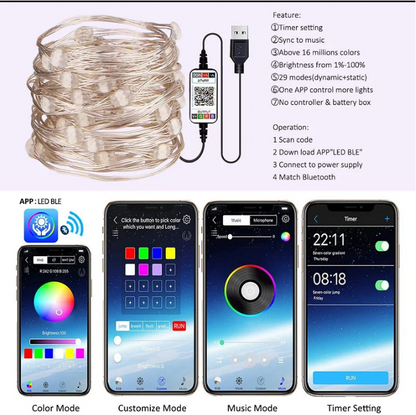 Instalatie luminoasa inteligenta bluetooth 4.0 control din aplicatie conectare prin USB 8 metri multicolora