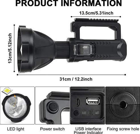 Lanterna Proiector reincarcabil USB, cu adaptor auto si adaptor USB, diametru 15.5 cm, lungime 31 cm, ultra-luminos