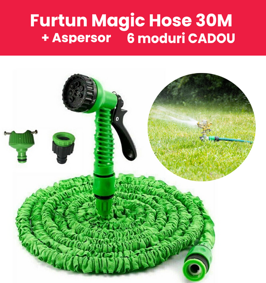 PACHET FURTUN PENTRU GRADINA MAGIC HOSE EXTENSIBIL 30M CU PISTOL + ASPERSOR CU 6 MODURI