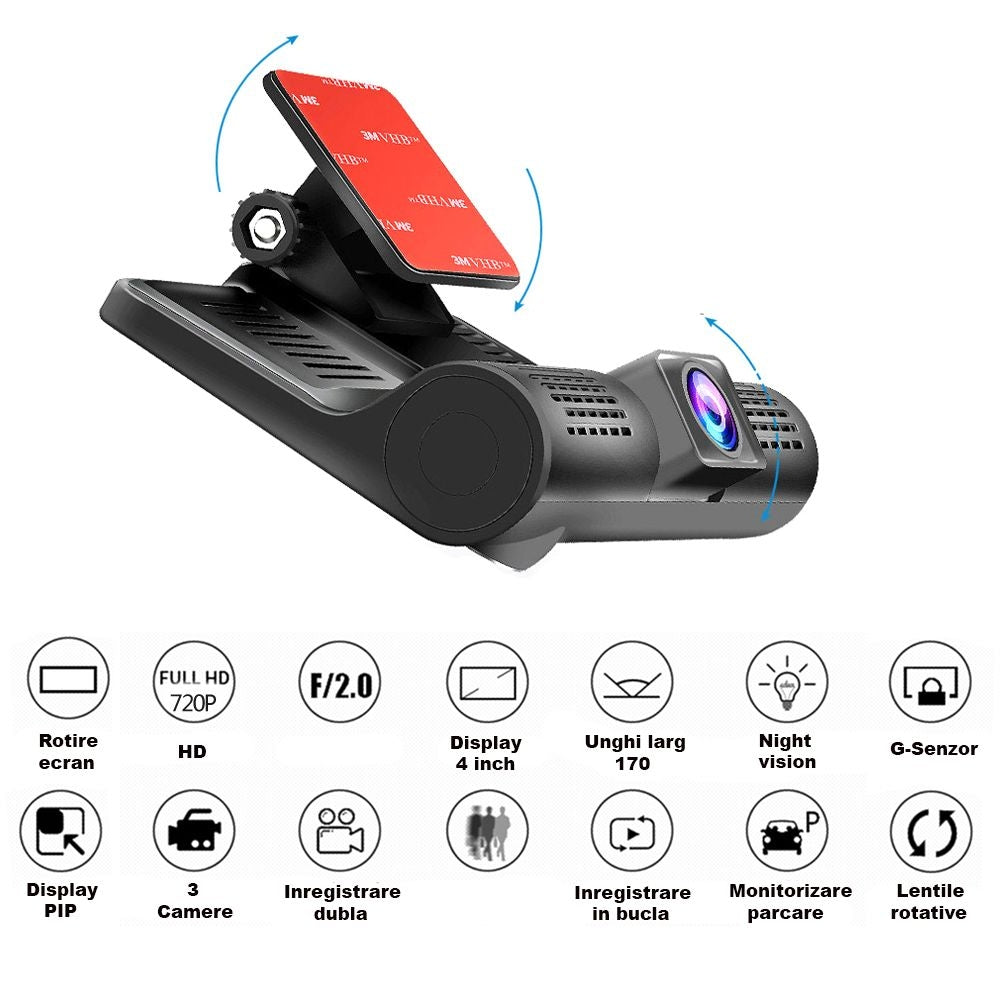 CAMERA VIDEO AUTO TRIPLA BLACKBOX™ L300-1, FULL-HD, 3 CAMERE - FATA/SPATE/INTERIOR, DISPLAY 4 INCH, G SENZOR, 170 GRADE