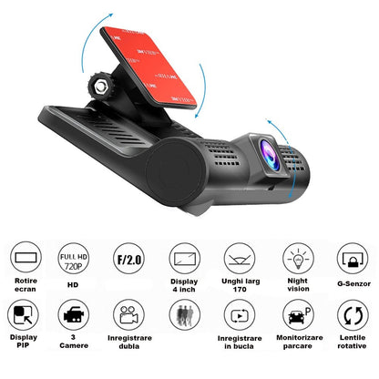 CAMERA VIDEO AUTO TRIPLA BLACKBOX™ L300-1, FULL-HD, 3 CAMERE - FATA/SPATE/INTERIOR, DISPLAY 4 INCH, G SENZOR, 170 GRADE