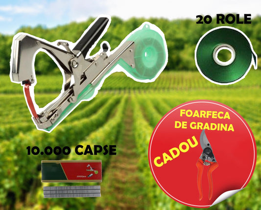 Pachet complet pentru gradina, Aparat pentru legat vita de vie,plante,pomi 20 role, 10.000 capse + Foarfeca gradina CADOU