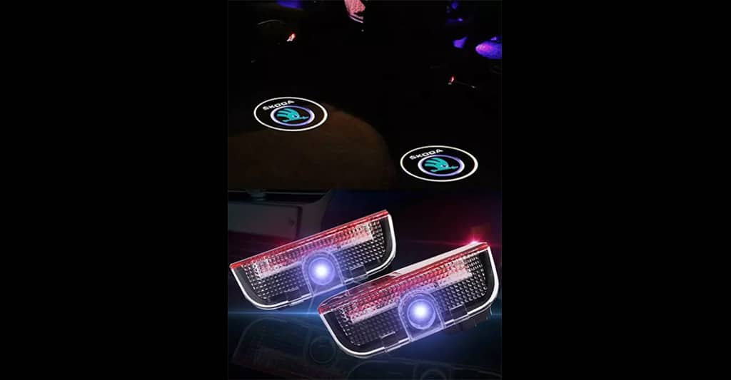 Set 2 Holograme LED cu LOGO Skoda Superb pentru Portiere