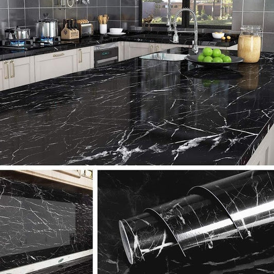 Set 2 X Autocolant Marmura NEGRU CU ALB 60 x 200 Autoadeziv Rezistent pentru Mobila