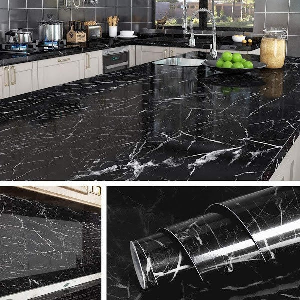Set 4 X Autocolant Marmura NEGRU CU ALB 60 x 200 Autoadeziv Rezistent pentru Mobila
