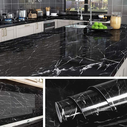 Set 4 X Autocolant Marmura NEGRU CU ALB 60 x 200 Autoadeziv Rezistent pentru Mobila