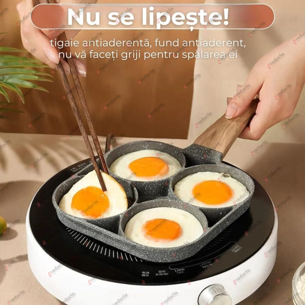 Tigaie antiaderenta cu 4 compartimente si maner lemn