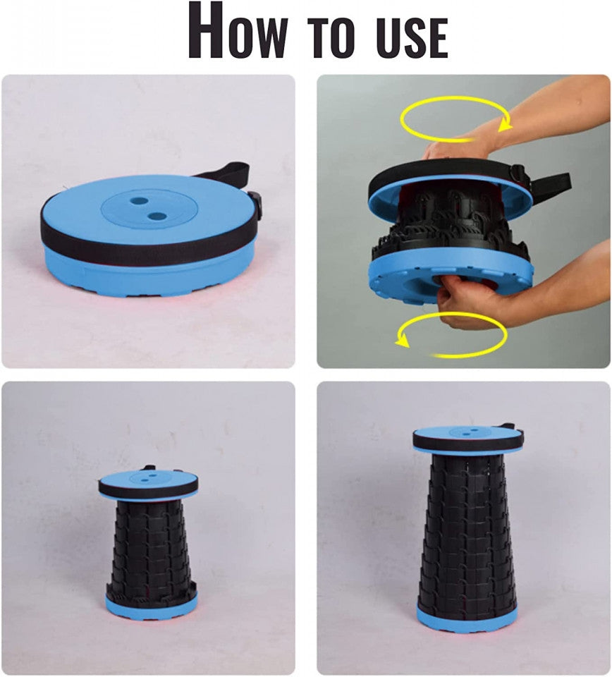 Scaun rotund portabil, retractabil, taburet extensibil cu pliere telescopica pentru camping