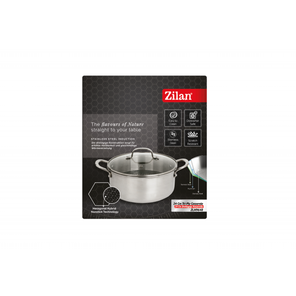 Oala Zilan ZLN9648 cu capac, tri-ply, inox, antiaderent, protectie la zgarieturi, usor de spalat, 24 cm,4.3L