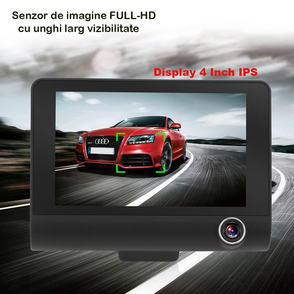 CAMERA VIDEO AUTO TRIPLA BLACKBOX™ L300-1, FULL-HD, 3 CAMERE - FATA/SPATE/INTERIOR, DISPLAY 4 INCH, G SENZOR, 170 GRADE